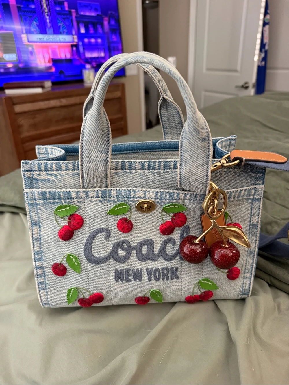 Coach Denim Cargo Bag 26 with Cherry Embroidery